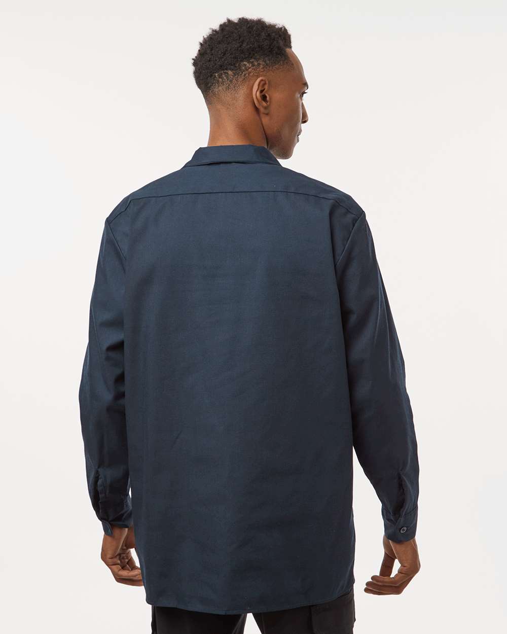 Navy work shirt on model, back — Big Sioux Swag branded workwear