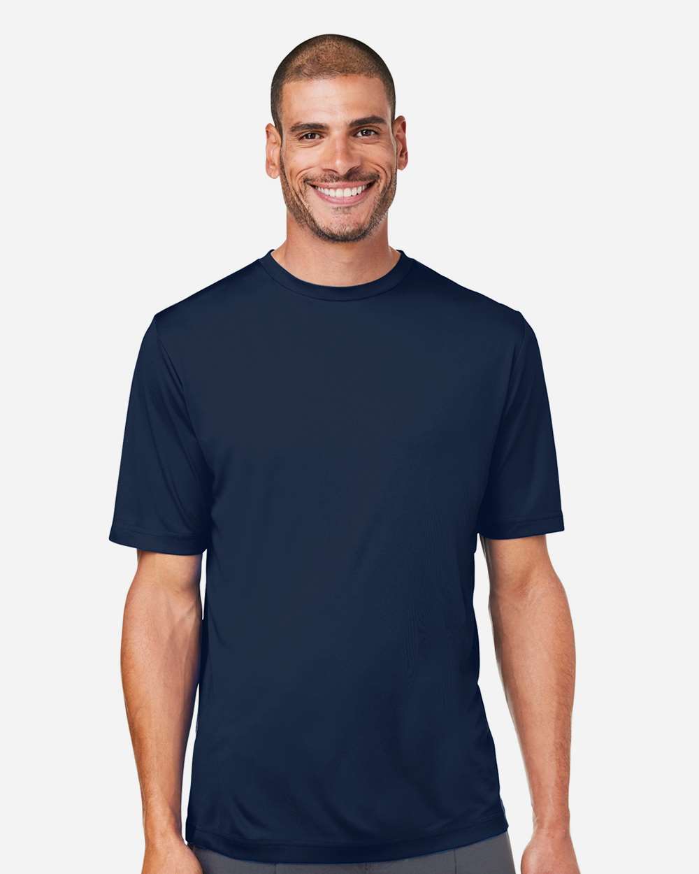 Navy performance t-shirt on model, front — custom embroidery Sioux Falls