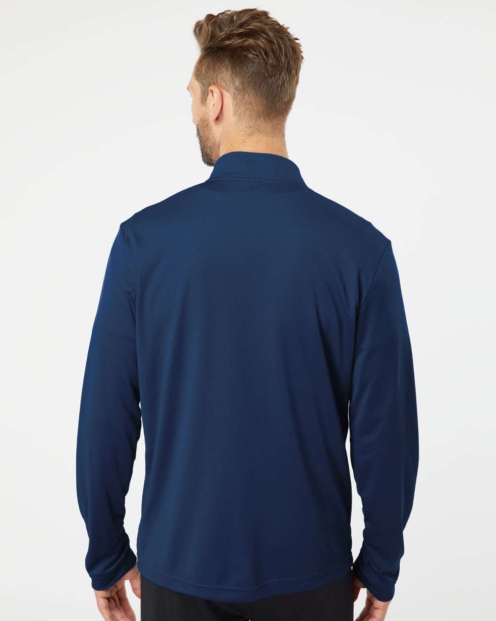 Navy quarter-zip on model, back — Big Sioux Swag team apparel
