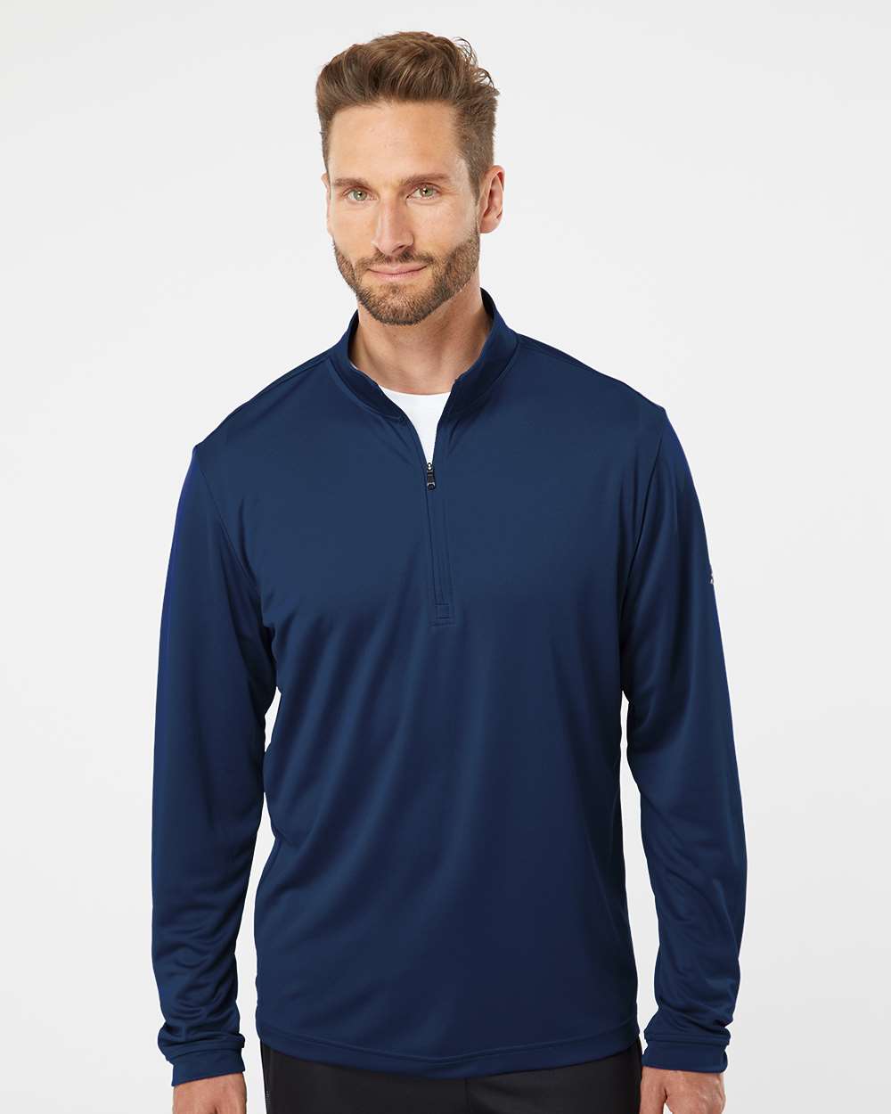 Navy quarter-zip pullover on model, front — custom embroidery Sioux Falls