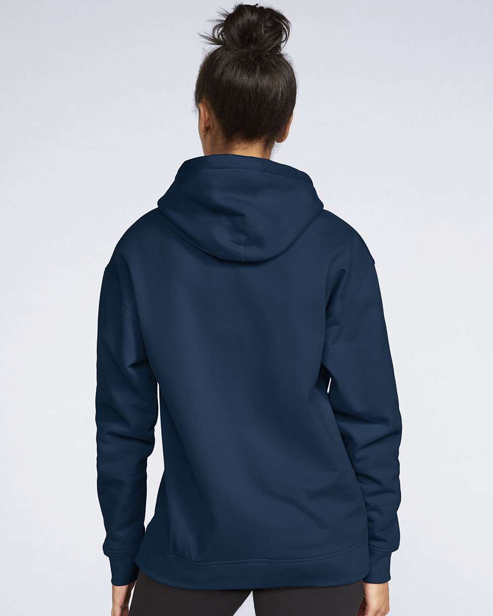 Navy hoodie on model, back — Big Sioux Swag team apparel