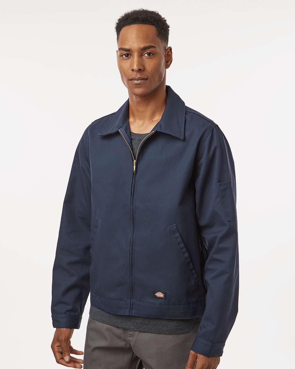 Navy Dickies work jacket on model, front — custom embroidery Sioux Falls