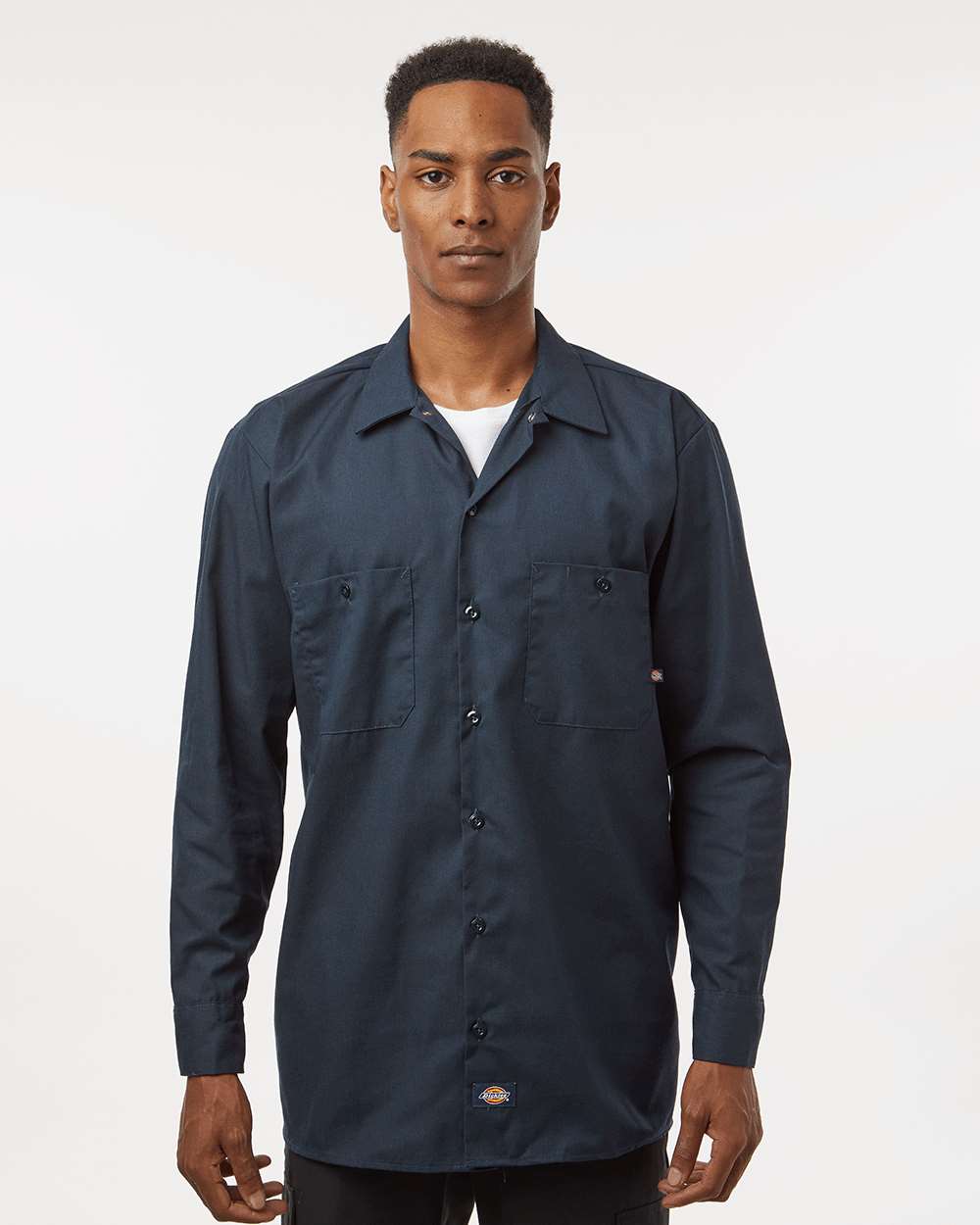 Navy Dickies work shirt on model, front — custom embroidery Sioux Falls